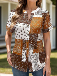 Thumbnail for Printed Notched Short Sleeve Blouse - T - 4 COLORS -