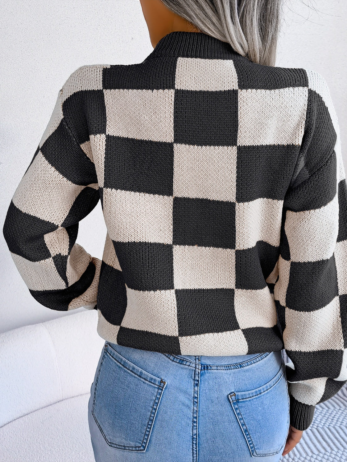 Checkered Mock Neck Long Sleeve Sweater - T - 4 COLORS -