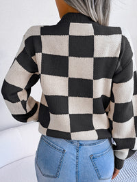 Thumbnail for Checkered Mock Neck Long Sleeve Sweater - T - 4 COLORS -