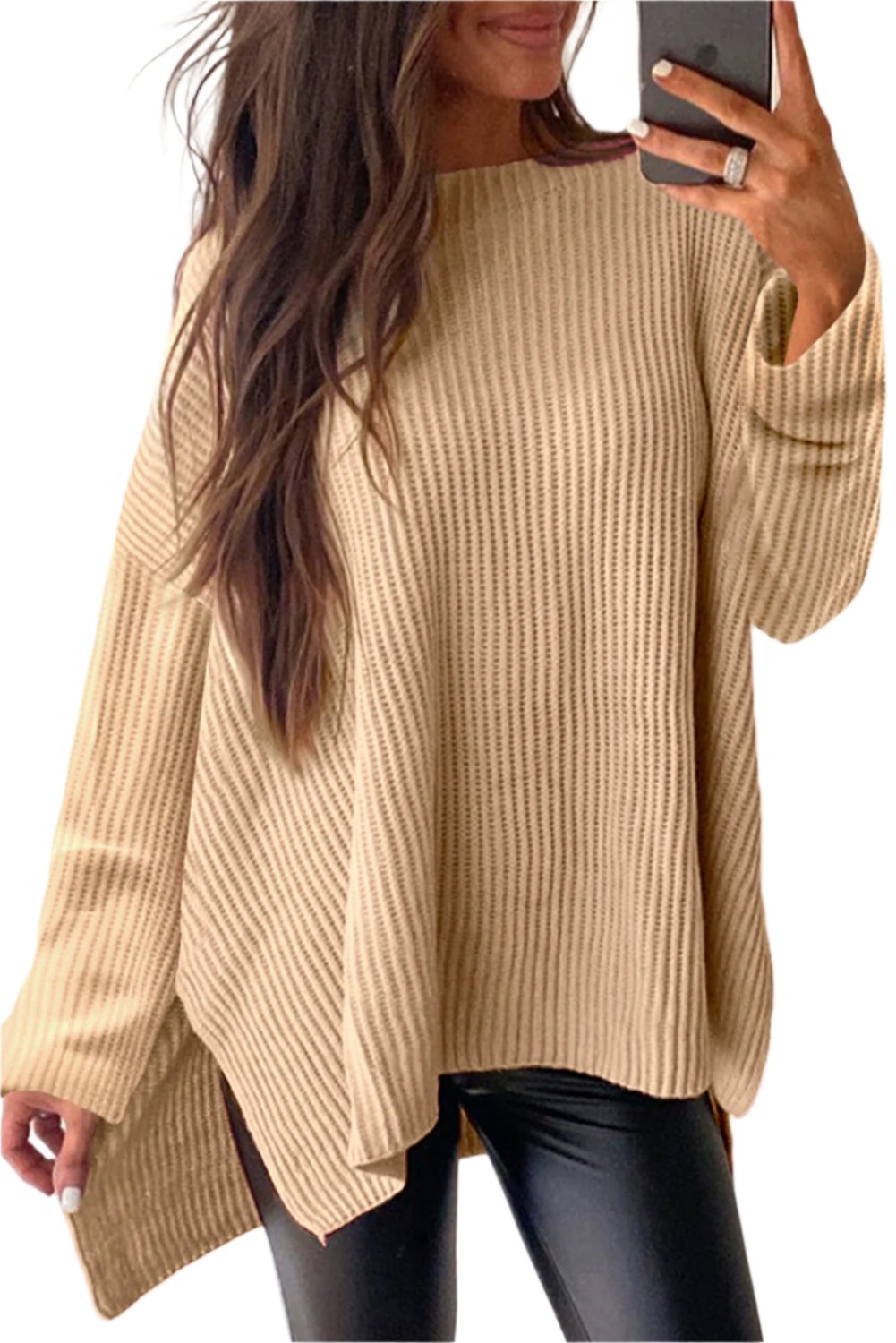 Side Slit Round Neck Long Sleeve Sweater - T - 1 COLOR -