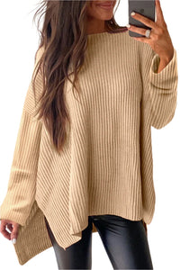 Thumbnail for Side Slit Round Neck Long Sleeve Sweater - T - 1 COLOR -