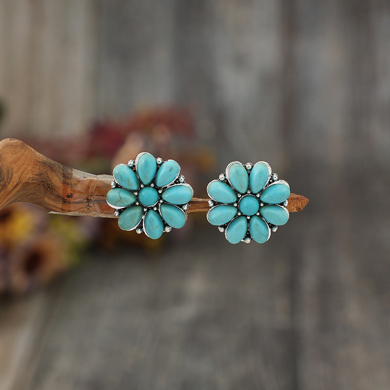 Alloy Turquoise Flower Stud Earrings - T - 1 COLOR -