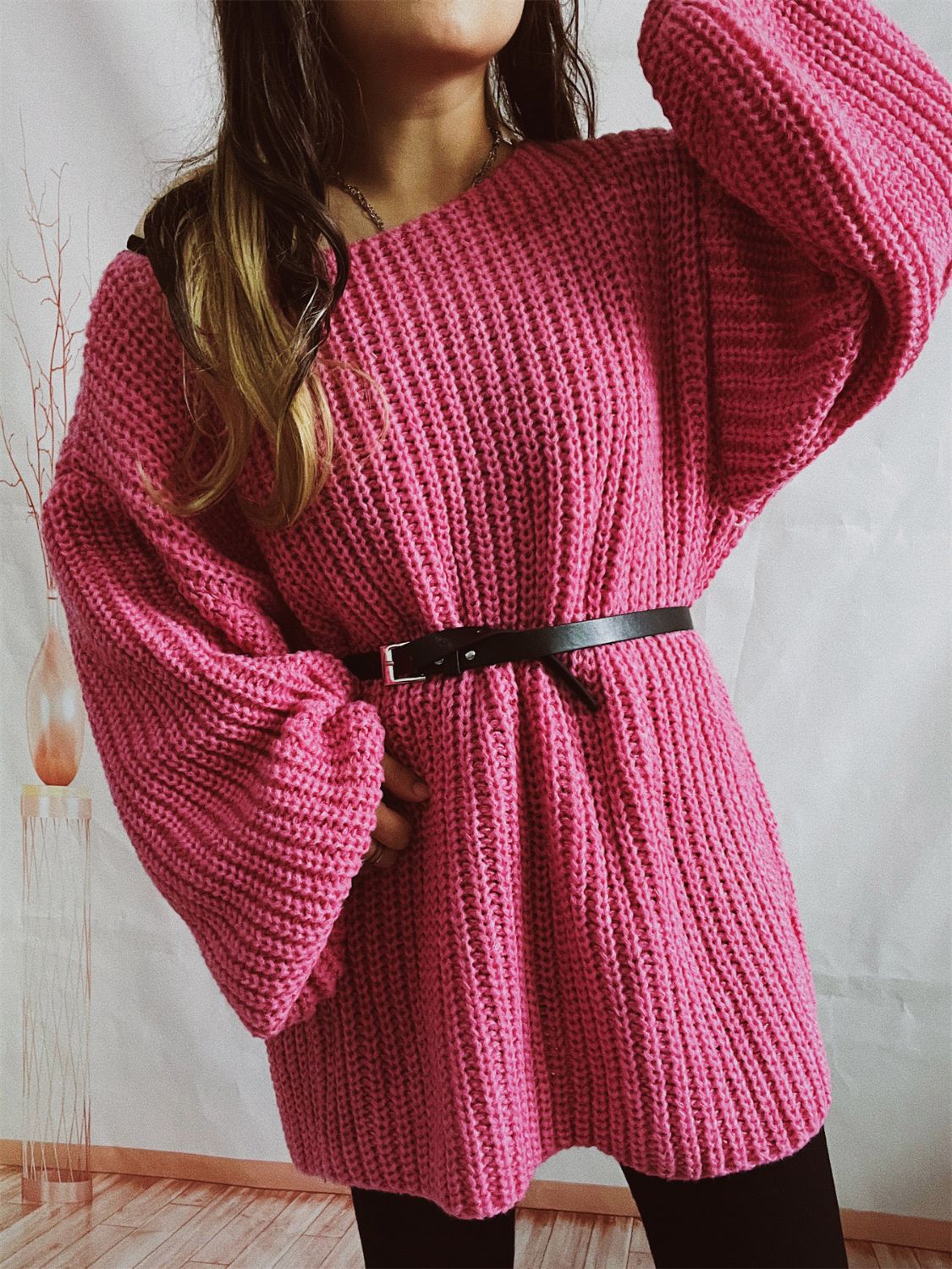 Boat Neck Long Sleeve Sweater with Belt - 2 PCS. - 1 LARGE OVERSIZE - T - 5 COLORS -