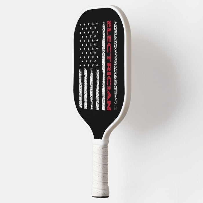 American Flag With Words Electrician Pickleball Paddle - 2 GRIP COLORS -