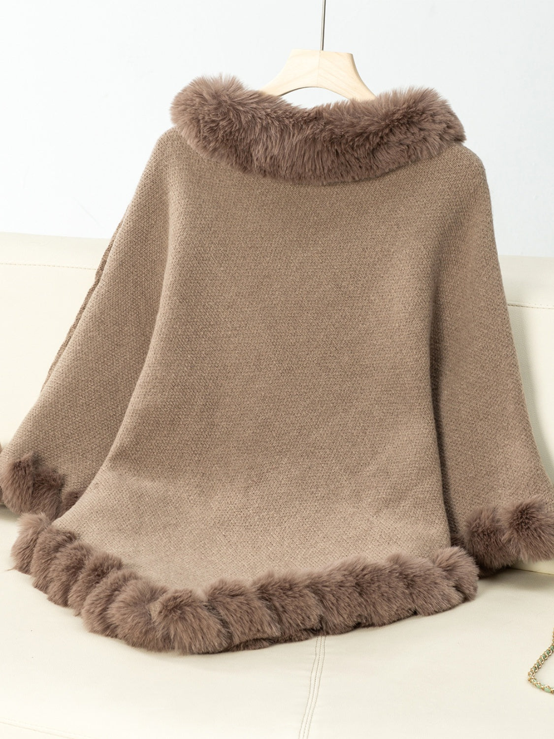 Fuzzy Trim Texture Three-Quarter Sleeve Poncho - 1 SIZE - T - 6 COLORS -