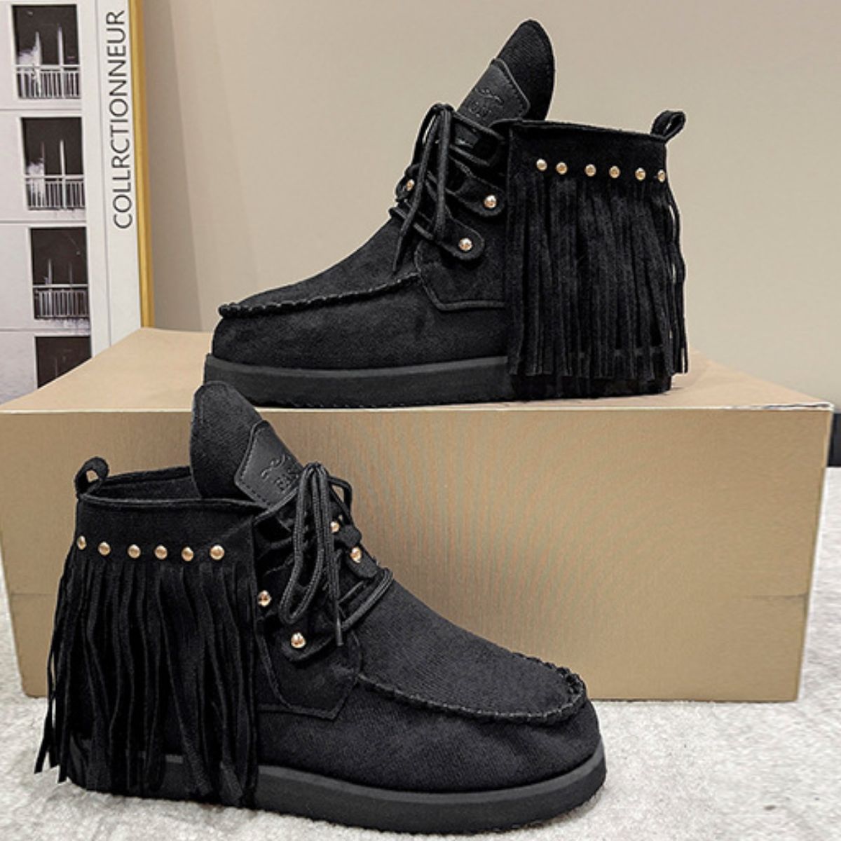 Fringe Studded Round Toe Canvas Boots - T - 3 COLORS -