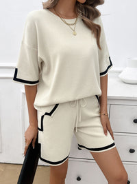 Thumbnail for Contrast Trim Round Neck Top and Shorts Set - 2 PCS. - T - 4 COLORS -