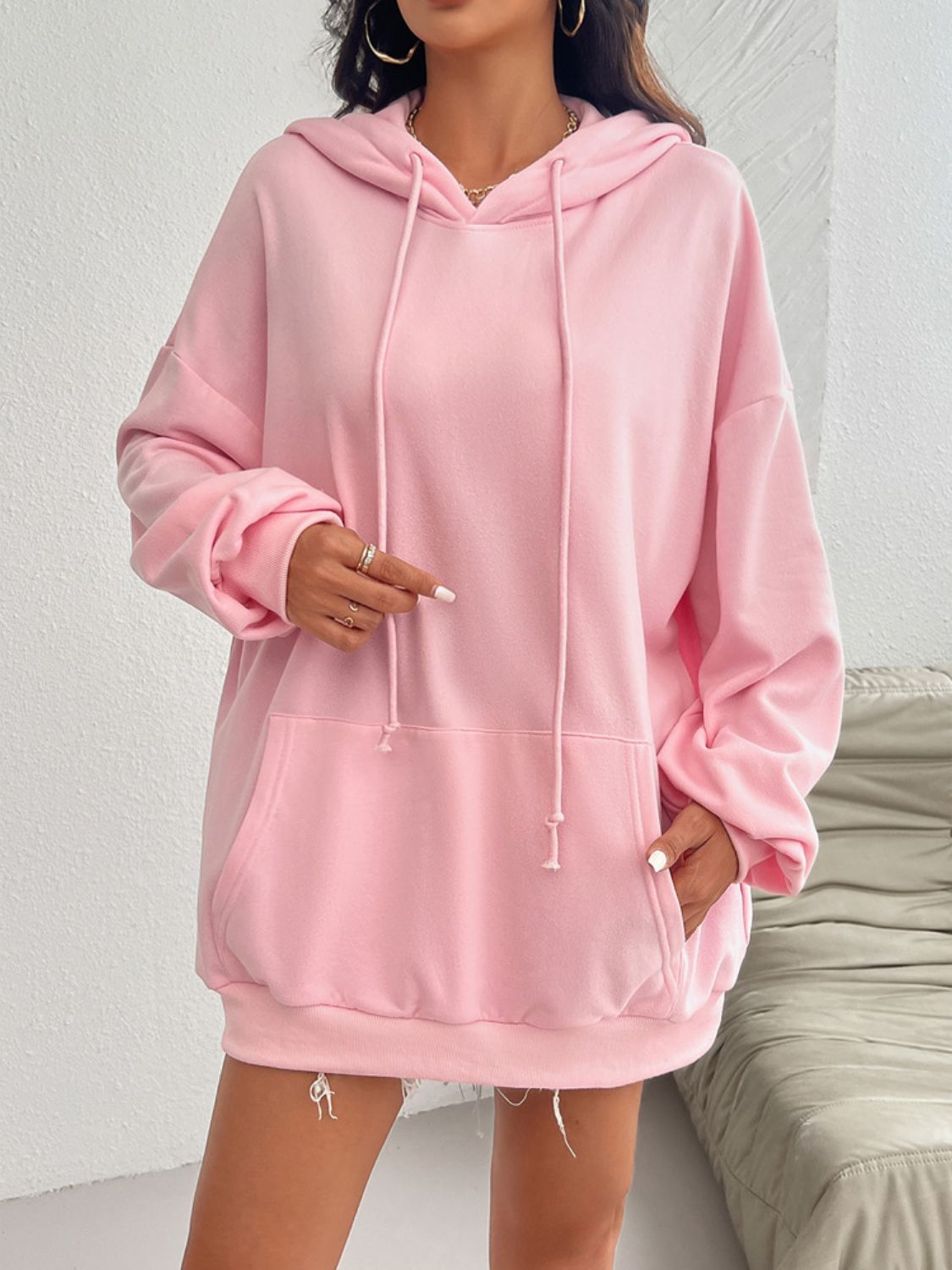 Devine Drawstring Long Sleeve Hoodie - T - 1 COLOR -