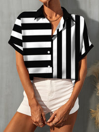 Thumbnail for Striped Button Up Short Sleeve Shirt - T - 1 COLOR -