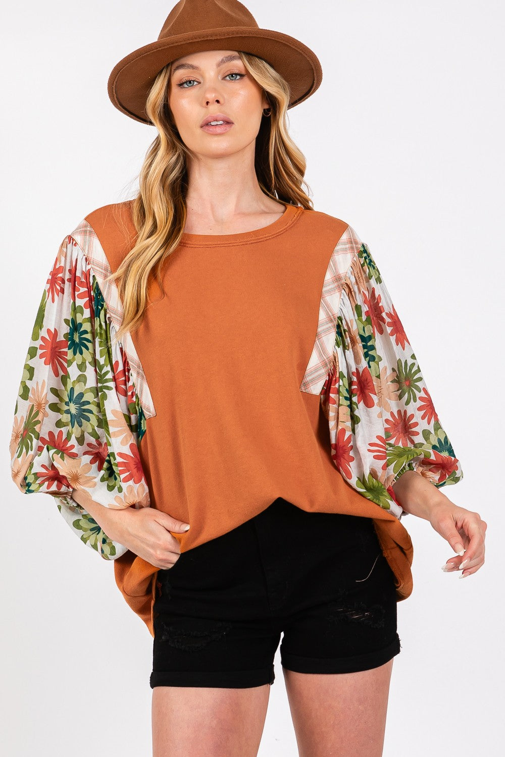 SAGE + FIG Full Size Printed Balloon Sleeve Contrast Top  - SIZES S THRU 3XL - T - 1 COLOR -