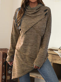 Thumbnail for Asymmetrical Hem Cowl Neck Long Sleeve T-Shirt - T - 5 COLORS -