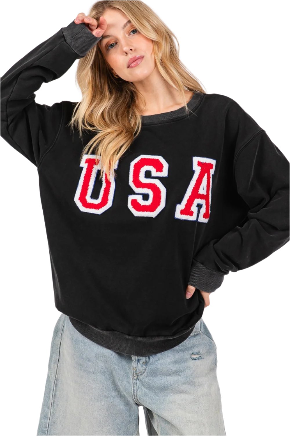 SAGE + FIG USA Letter Patch Round Neck Sweatshirt - T - 1 COLOR -