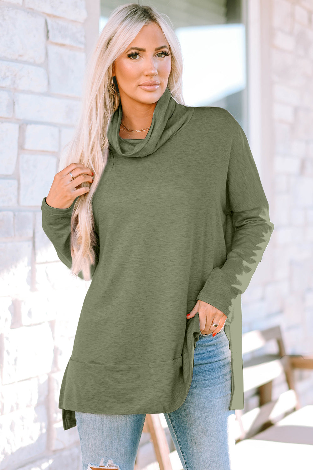 Cowl Neck Long Sleeve Slit Blouse - T - 1 COLOR -