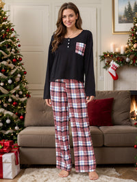 Thumbnail for Round Neck Long Sleeve Top and Plaid Pants Lounge Set - 2 PCS. - T - 1 COLOR -