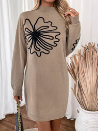 Thumbnail for Perfee Flower Mock Neck Long Sleeve Sweater Dress - PAIR WITH LEGGINGS! - T - 1 COLOR -