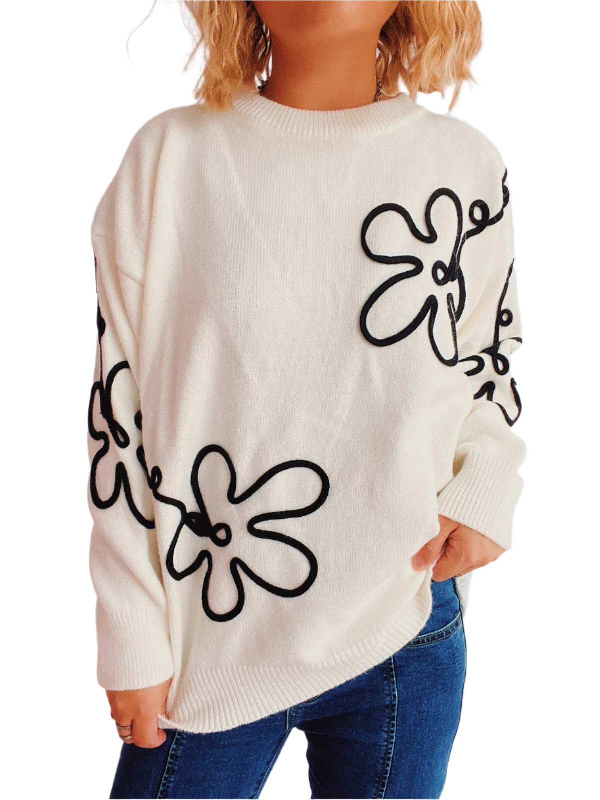 Flower Round Neck Long Sleeve Sweater - 1 OVERSIZE - T - 3 COLORS -