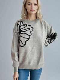 Thumbnail for Flower Round Neck Long Sleeve Sweater - T - 4 COLORS -