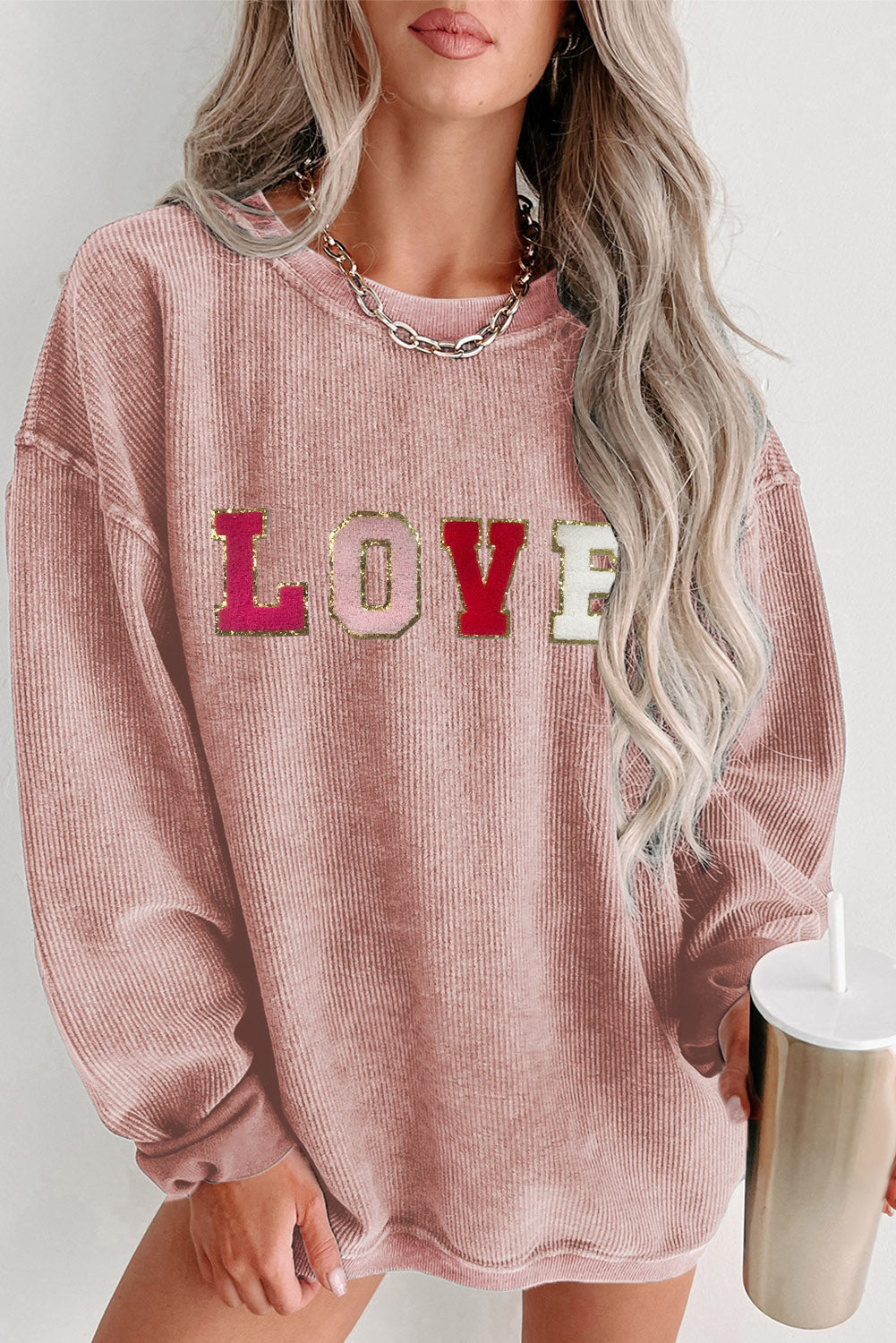 LOVE Round Neck Dropped Shoulder Sweatshirt - T - 1 COLOR -