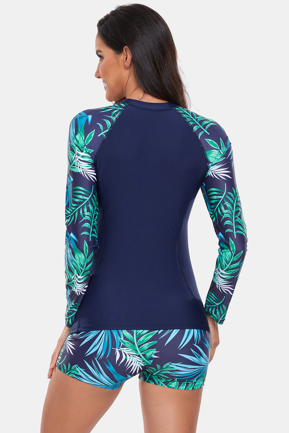 Printed Quarter Zip Long Sleeve Two-Piece Swim Set - T - 1 COLOR -