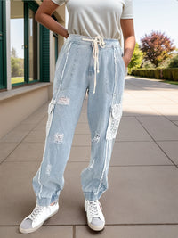 Thumbnail for Crochet Pocketed Distressed Drawstring Jeans - T - 1 COLOR -