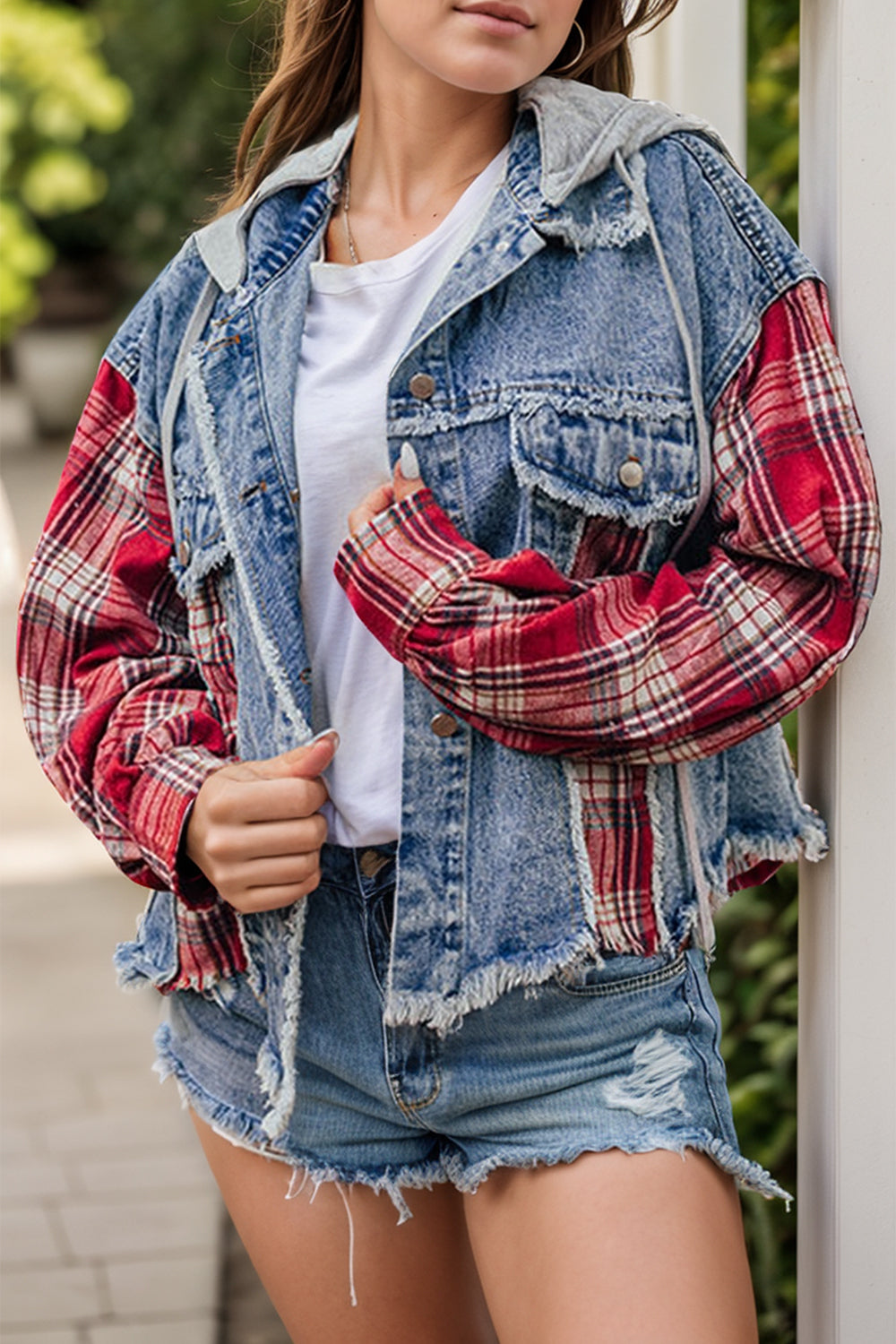 Raw Hem Drawstring Plaid Denim Jacket - T - 1 COLOR -