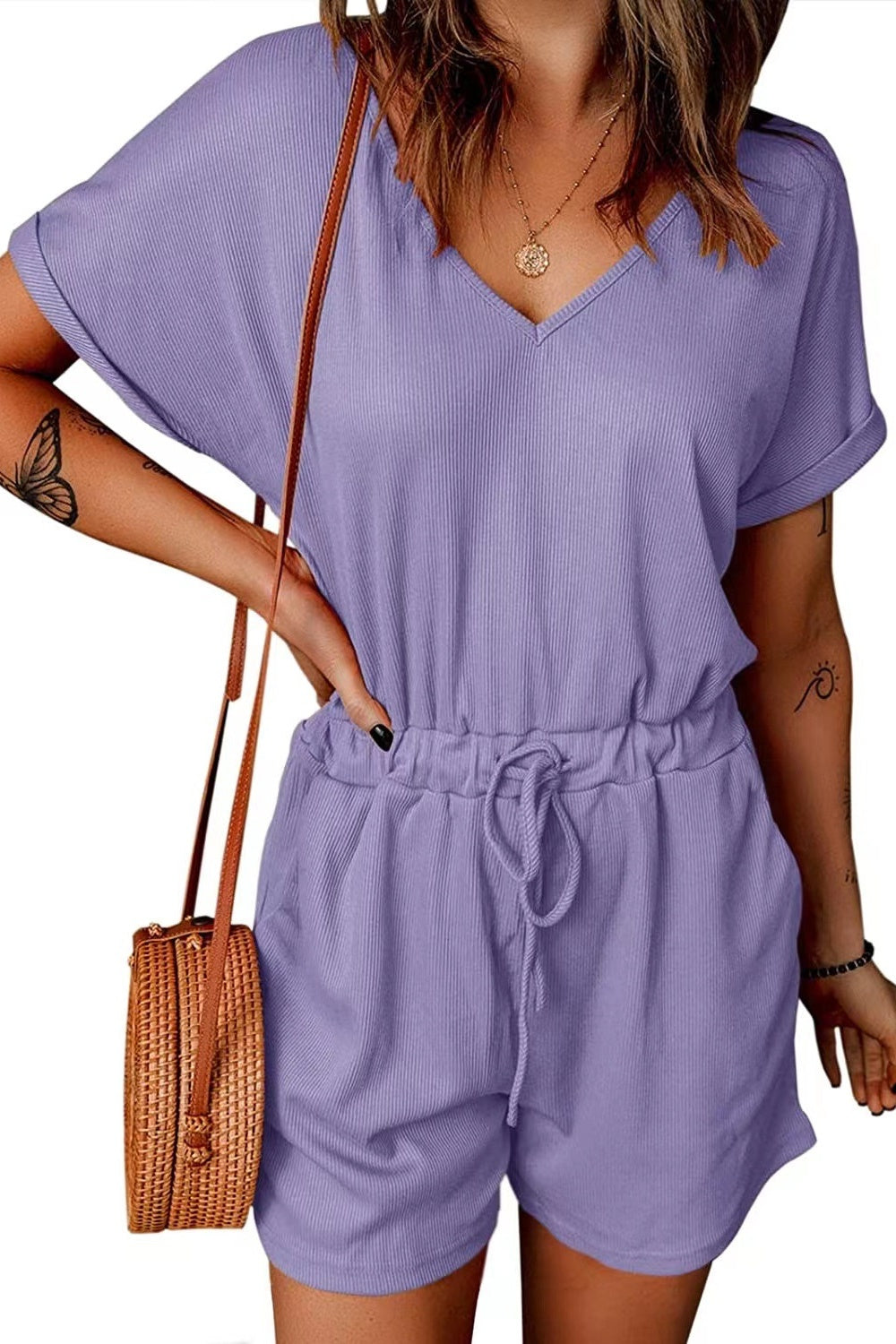 Full Size Drawstring V-Neck Short Sleeve Romper - T - 7 COLORS -