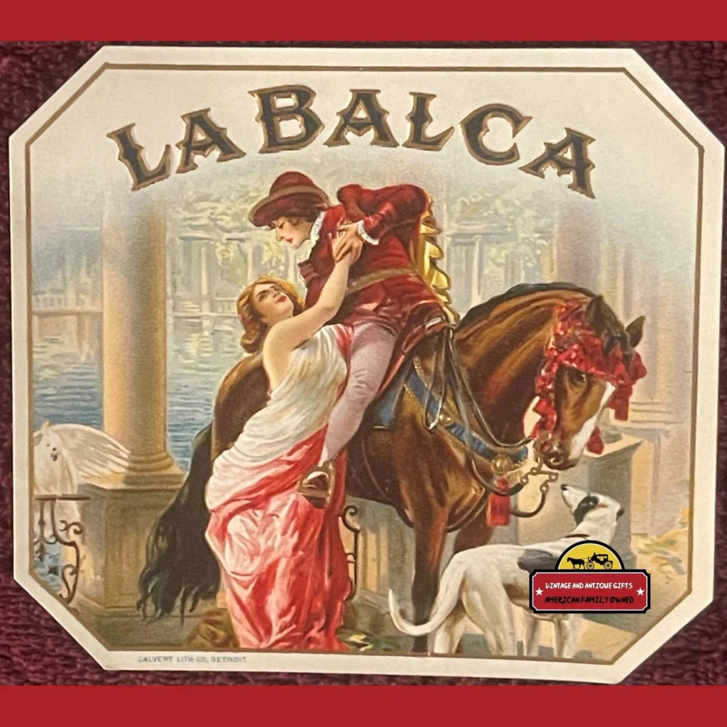 Antique 1910s La Balca Gold Embossed Cigar Label, Young Victorian Lovers