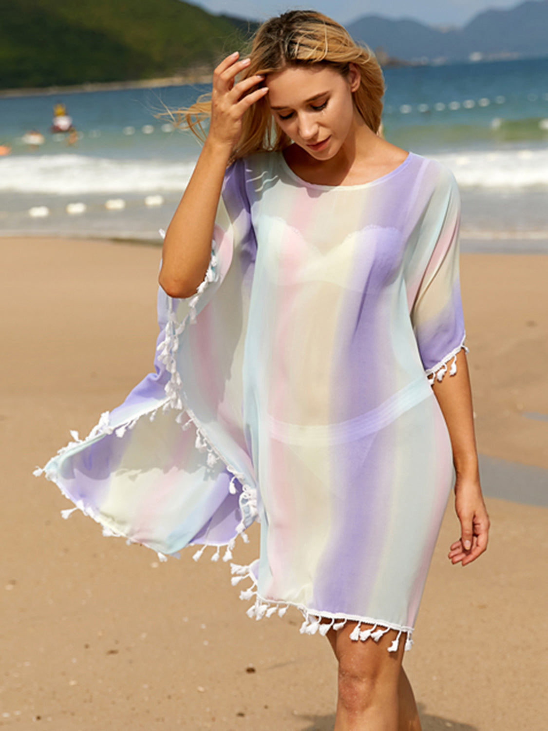 Tassel Boat Neck Half Sleeve Cover Up - 1 SIZE FITS ALL - T - 1 COLOR -