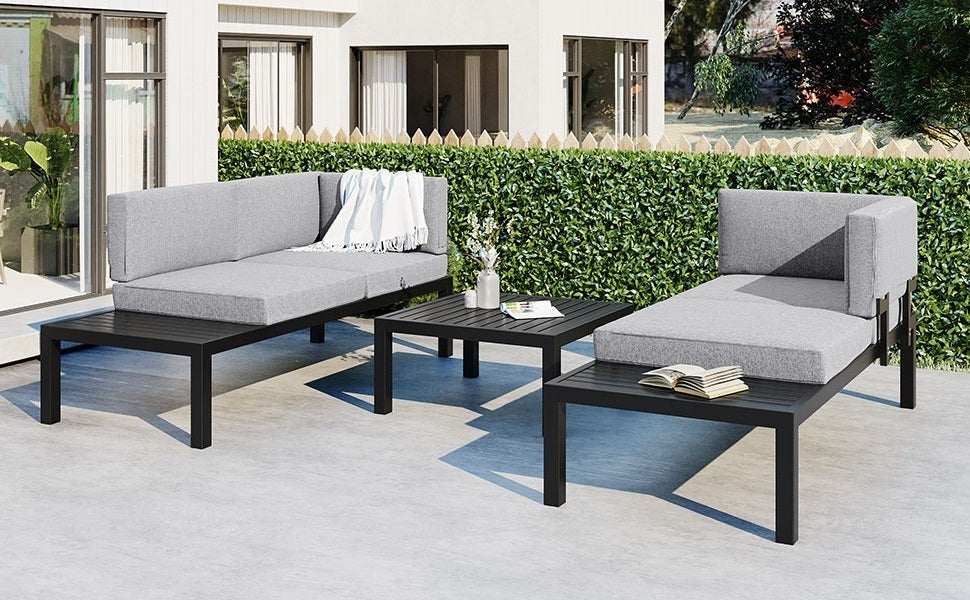 Outdoor 3-Piece Aluminum Alloy Sectional Sofa Set With End Table and Coffee Table,Black Frame+Gray Cushion