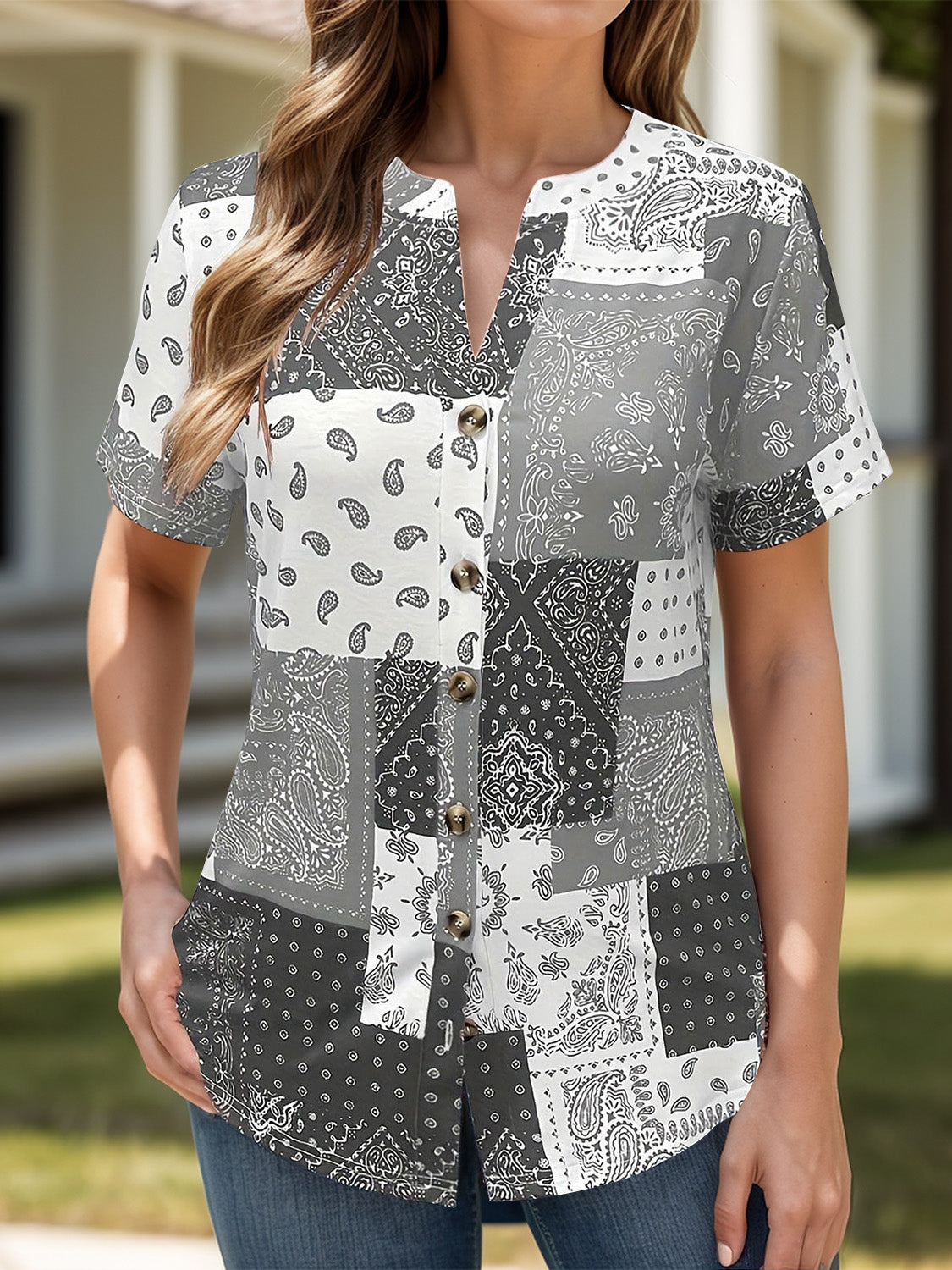 Printed Notched Short Sleeve Blouse - T - 4 COLORS -