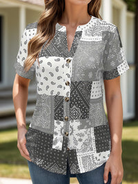 Thumbnail for Printed Notched Short Sleeve Blouse - T - 4 COLORS -