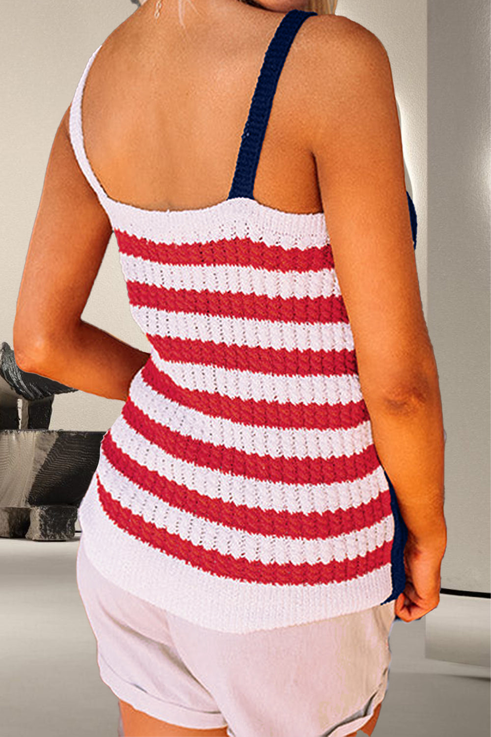 USA Flag Theme V-Neck Knit Cami Tank - T - 1 COLOR -