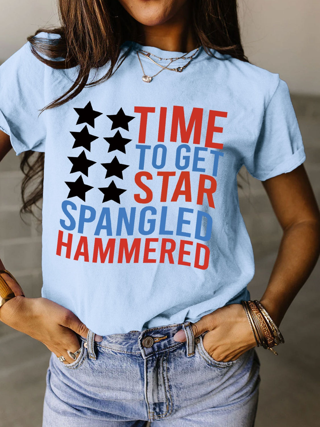 Full Size - 'Time to get Star Spangle Hammered' Letter Graphic Round Neck Short Sleeve T-Shirt - T - 12 COLORS -