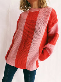 Thumbnail for Color Block Round Neck Long Sleeve Sweater - T - 2 COLORS -