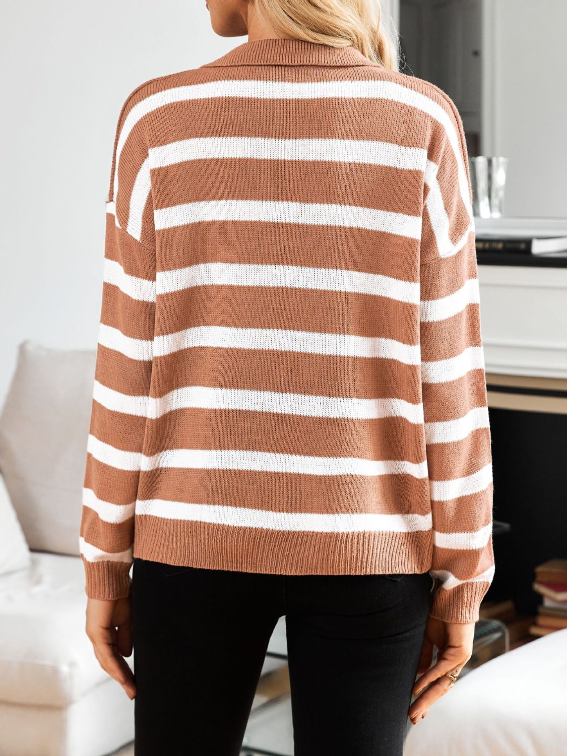 Striped Johnny Collar Long Sleeve Sweater - T - 3 COLORS -