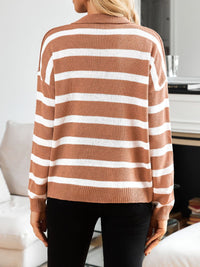 Thumbnail for Striped Johnny Collar Long Sleeve Sweater - T - 3 COLORS -