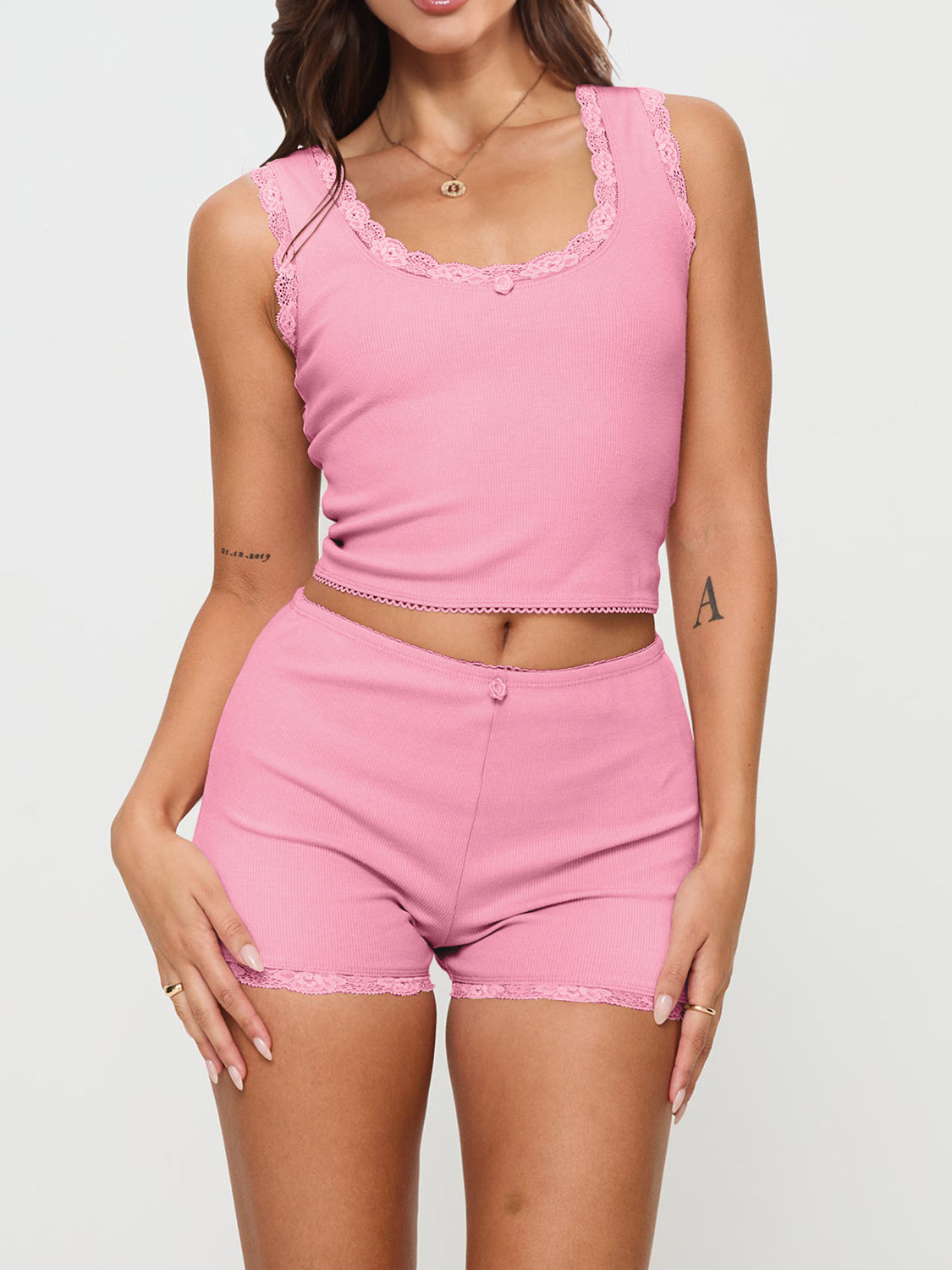 Scoop Neck Wide Strap Top and Shorts set - 2 PCS. - T - 6 COLORS -