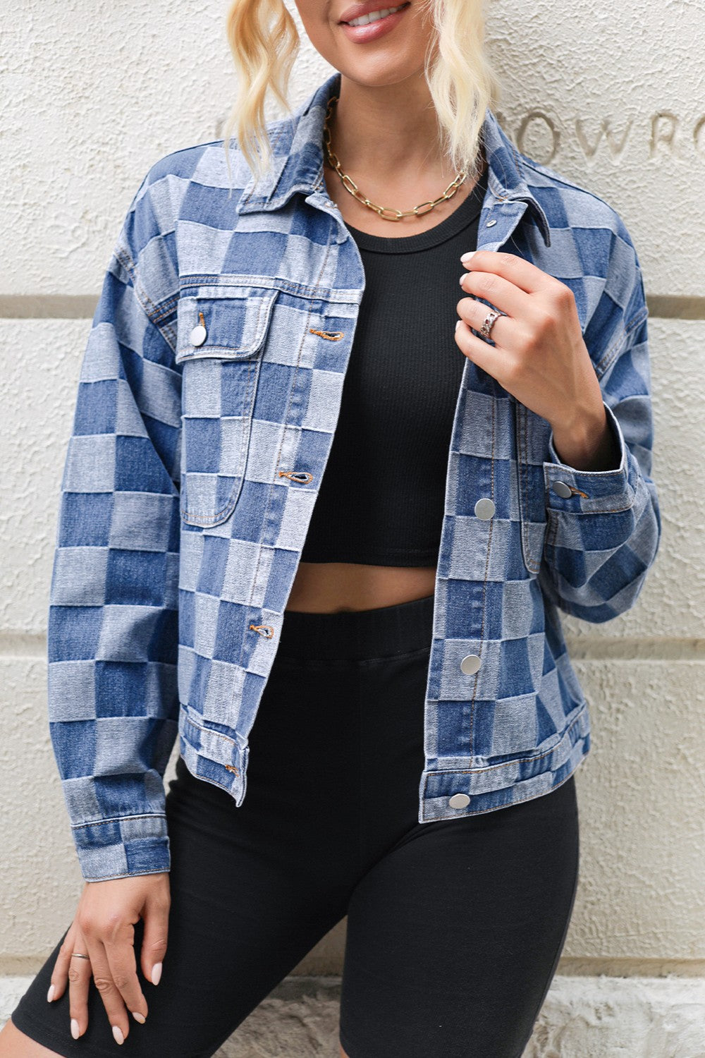 Checkered Button Up Long Sleeve Denim Jacket - T - 1 COLOR -