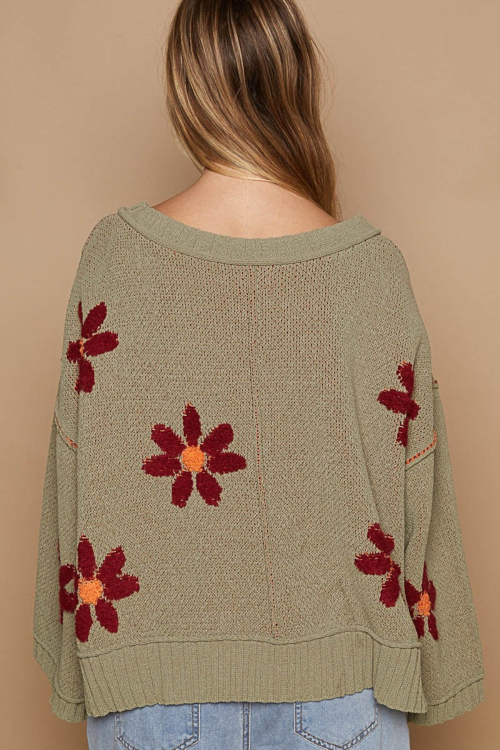 POL V-Neck Floral Pattern Chenille Sweater - 3 SIZES - T - 1 COLOR -