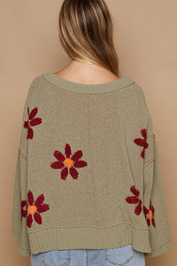 Thumbnail for POL V-Neck Floral Pattern Chenille Sweater - 3 SIZES - T - 1 COLOR -