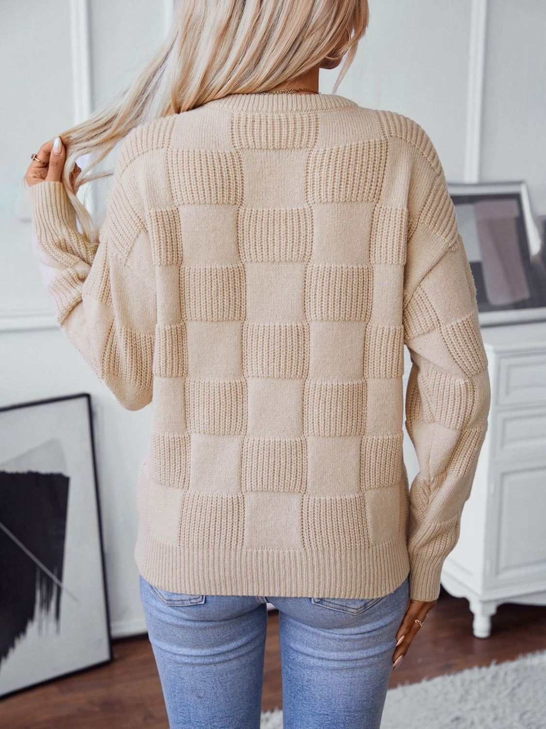 Checkered Round Neck Long Sleeve Sweater - T - 2 COLORS -