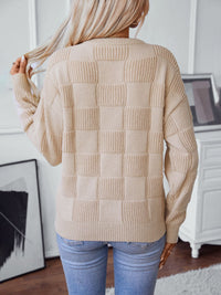 Thumbnail for Checkered Round Neck Long Sleeve Sweater - T - 2 COLORS -