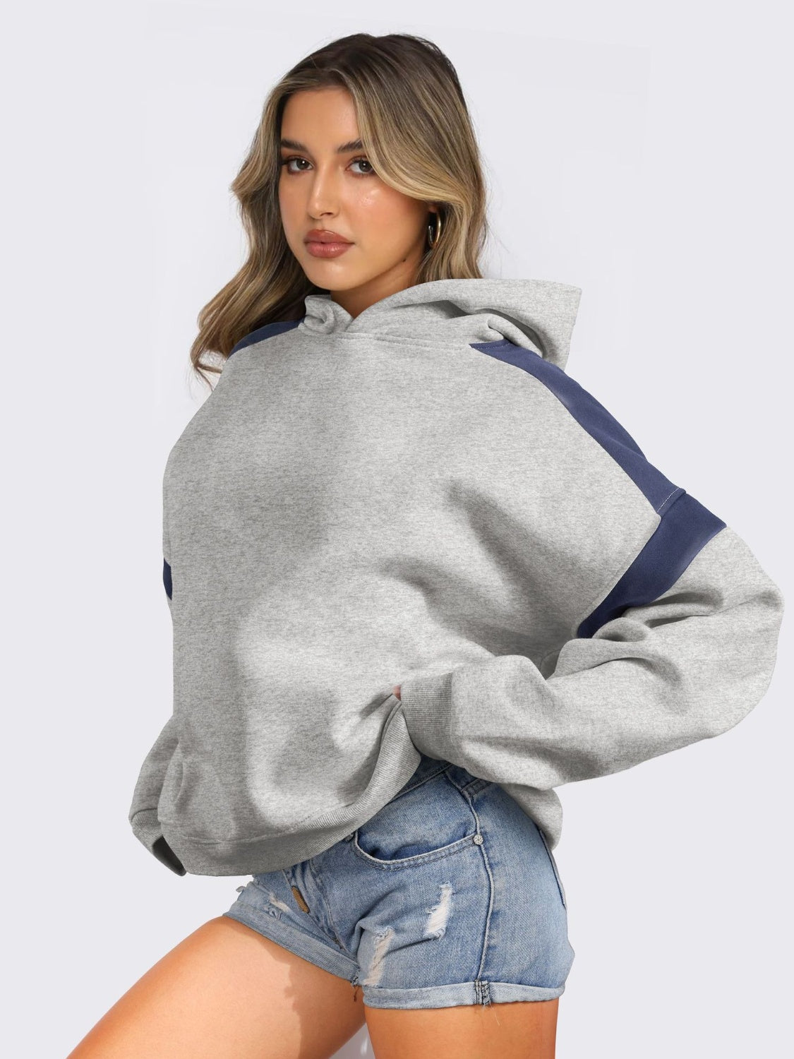 Contrast Dropped Shoulder Long Sleeve Hoodie - T - 6 COLORS -