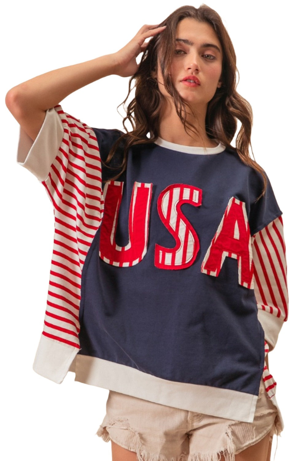 BiBi USA Letter Patchwork Contrast Short Sleeve T-Shirt - T - 1 COLOR -