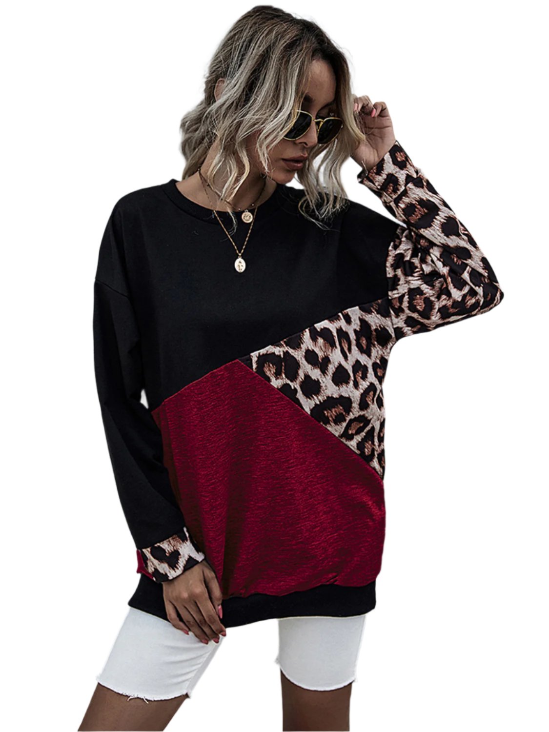 Perfee Leopard Contrast Long Sleeve Sweatshirt - T - 1 COLOR -