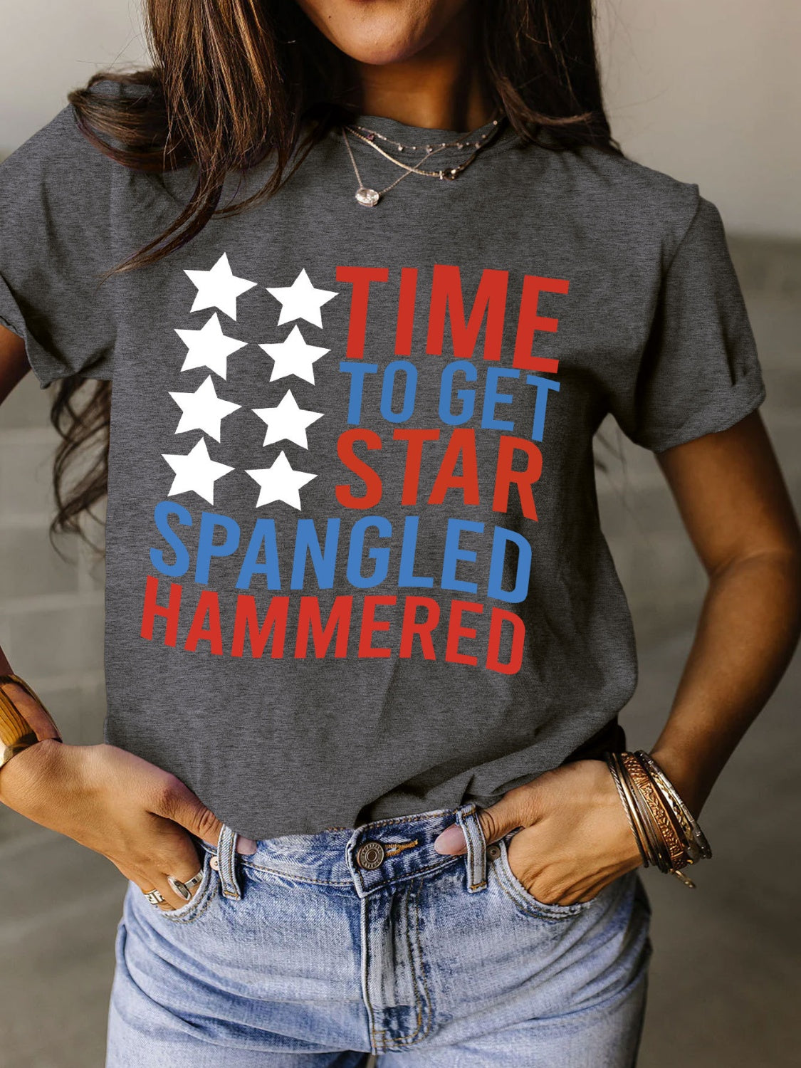 Full Size - 'Time to get Star Spangle Hammered' Letter Graphic Round Neck Short Sleeve T-Shirt - T - 12 COLORS -