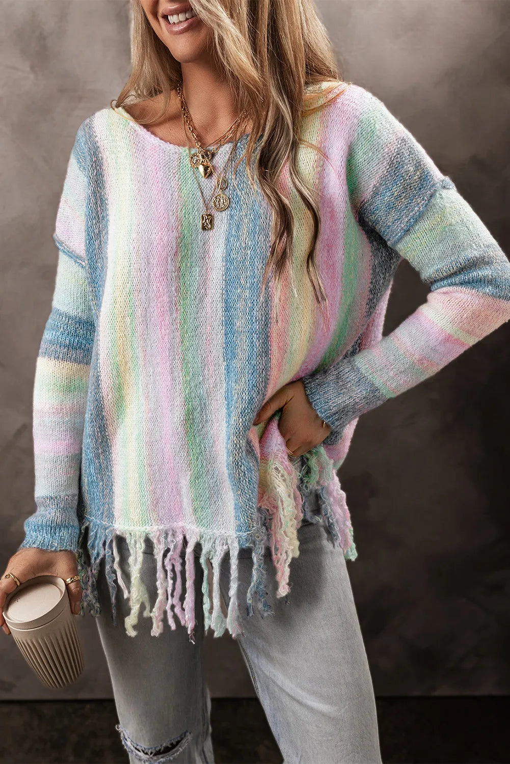 Fringe Color Block Round Neck Sweater - T - 1 COLOR -