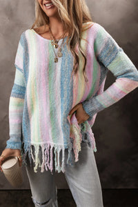 Thumbnail for Fringe Color Block Round Neck Sweater - T - 1 COLOR -