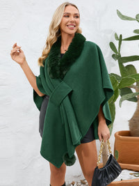 Thumbnail for Fuzzy Trim Open Front Poncho - ONE SIZE - T - 6 COLORS -