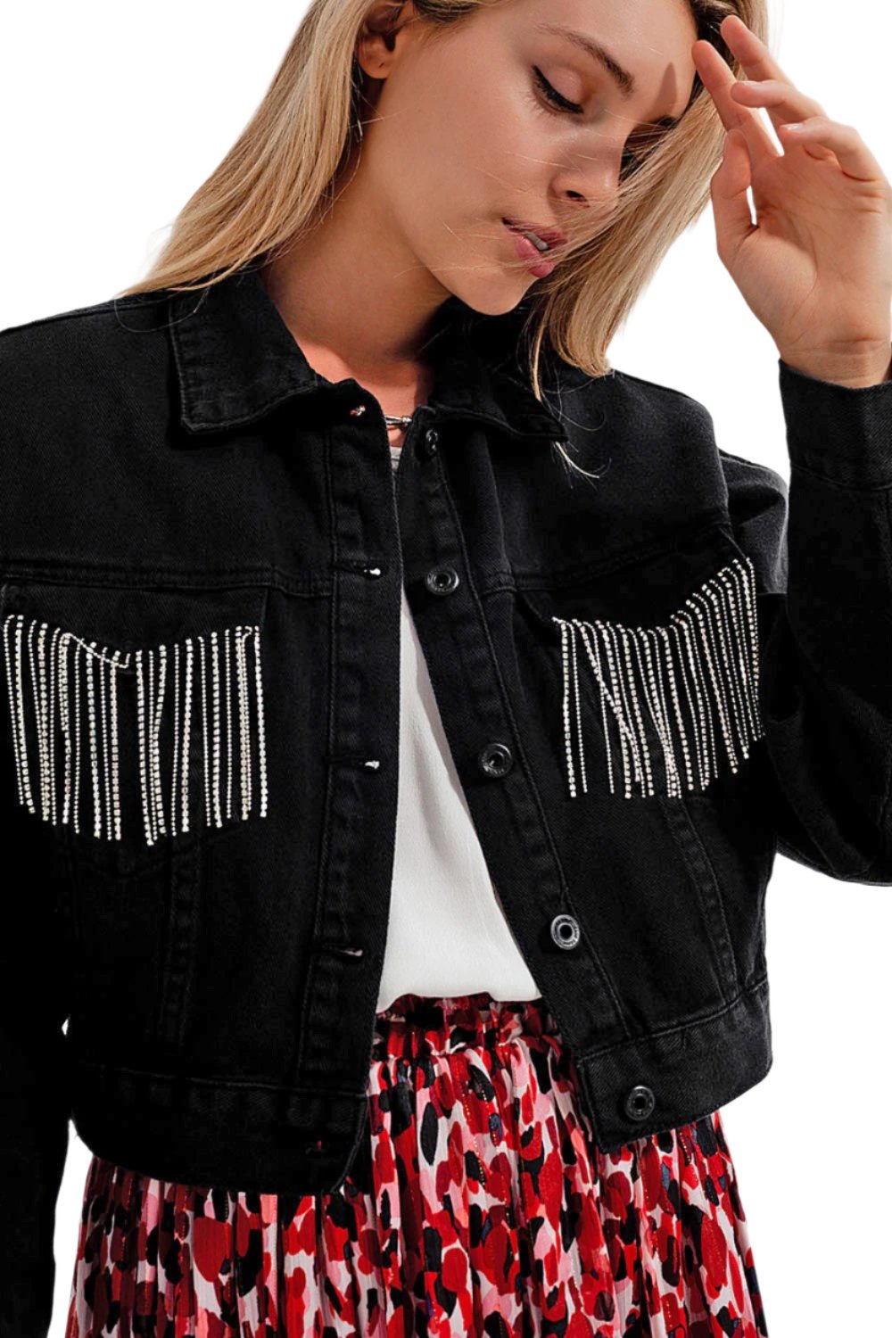 Q2 - Black Denim Jacket With Strass Fringing - 1 COLOR -